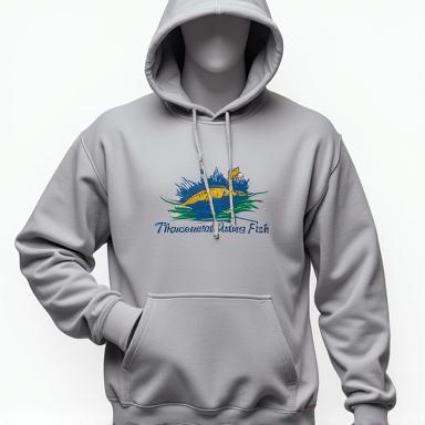 A performance fishing hoodie with the Thousand Islands Fish logo.